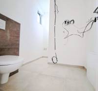 Ein Badezimmer in einem Einfamilienhaus mit losen Kabeln und einer Toilette, ohne Zubehör.