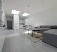 Wohnzimmer mit Sofa, Holzboden und Esstisch in einer Zweizimmerwohnung.