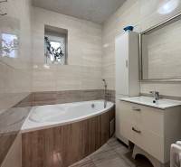 Badezimmer mit Badewanne im Einfamilienhaus, geflieste Wände, Fenster mit Blume.