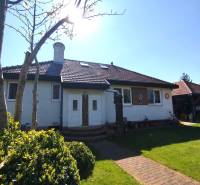 Einfamilienhaus in Šaľa mit Garten, Ziegelweg, Baum und Sträucher vor dem Eingang.