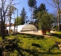 Ein Pool mit Überdachung im Garten eines Einfamilienhauses in Šaľa, umgeben von Bäumen und Sträuchern.