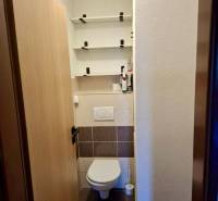 Toilette mit Wandregalen in einer 4-Zimmer-Wohnung, Boden mit Holzdekor.
