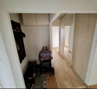 Flur mit einem Spiegelschrank und einem Boden mit Holzdekor in einer 4-Zimmer-Wohnung.