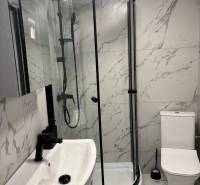 Badezimmer eines Einfamilienhauses mit Marmorverkleidung, Duschkabine und Waschbecken.