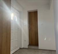 Innenraum eines Einfamilienhauses mit weißen Türen und einem Boden in Holzoptik.