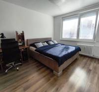 Ein Zimmer in einer Einzimmerwohnung mit einem Bett, einem Tisch und einem Boden in Holzoptik.