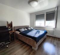 Schlafzimmer mit Holzboden, Schreibtisch und Bett in einer Einzimmerwohnung.