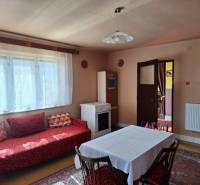 Innenraum eines Einfamilienhauses mit Sofa, Esstisch und Herd.