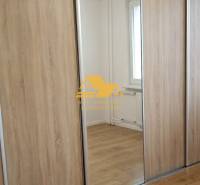 Einbauschrank mit Spiegel und Boden in Holzoptik in einer 2-Zimmer-Wohnung.