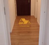 Ein schmaler Flur mit Eingangstür und Holzboden in einer Zweizimmerwohnung.