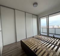 Schlafzimmer in einer 2-Zimmer-Wohnung mit großem Einbauschrank und Balkon, Boden mit Holzdekor.