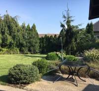 Der Garten des Einfamilienhauses in Čierna Voda mit Rasen, Bäumen und einer Außensitzgelegenheit.