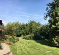 Ein Garten bei einem Einfamilienhaus in Čierna Voda mit reicher Bepflanzung und gepflegtem Rasen.