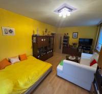 Wohnzimmer in einer Einzimmerwohnung mit weißem Sofa und Boden in Holzoptik.