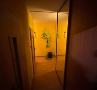 Ein enger Flur mit Holzboden, ein Spiegelschrank, gelbe Wände, ein dekorativer Kleiderhaken.