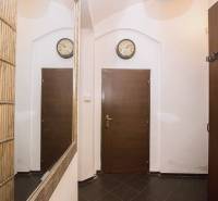 Eingangsflur in einer Zweizimmerwohnung mit dunklen Fliesen und einem Spiegel.