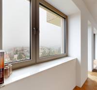 Innenraum eines Einfamilienhauses mit Aussicht und Holzboden.