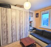 Einzimmerwohnung mit Holzboden, Sofa, Schränken und Tisch. Minimalistisches Interieur.