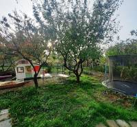 Garten bei der Hütte in Pozdišovce mit einem Häuschen, einer Schaukel und einem Trampolin.