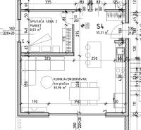 Grundriss einer Ferienwohnung mit zwei Schlafzimmern, einem Badezimmer und einem Balkon.