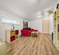 Wohnzimmer in einem Einfamilienhaus mit rotem Sofa und Holzboden.