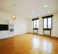 Wohnbereich in einer 2-Zimmer-Wohnung mit Küchenzeile und Holzboden.