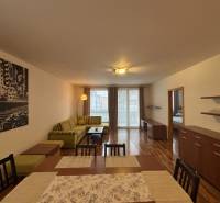 Wohnzimmer mit Holzboden, Sofa und Esstisch in einer Zweizimmerwohnung.