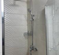 Duschkabine in einer Einzimmerwohnung, Verkleidung mit Textur und Glaswand.