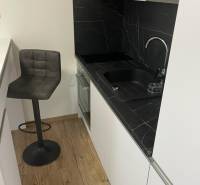 Küche in einer Einzimmerwohnung mit schwarzer Arbeitsplatte und Boden in Holzoptik.