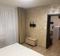 Innenraum einer Einzimmerwohnung mit Holzboden, Bett und Vorhängen am Fenster.