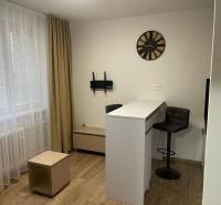 Innenraum einer Einzimmerwohnung mit Tisch, Stühlen und Boden in Holzoptik.