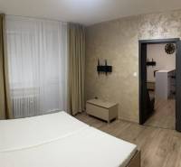 Schlafzimmerbereich mit Bett, Vorhängen und Holzboden in einer Einzimmerwohnung.