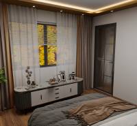 Schlafzimmer mit Holzboden, Dekorationen und großem Fenster in einer 3-Zimmer-Wohnung.