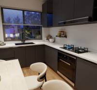 Küche mit Holzboden, schwarzen Möbeln und ländlichem Ausblick.