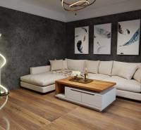 Geräumiger Wohnbereich in einer 3-Zimmer-Wohnung mit weißem Sofa und Boden in Holzoptik.