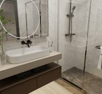 Badezimmer in einer 3-Zimmer-Wohnung mit moderner Duschkabine und Bodenbelag in Holzoptik.