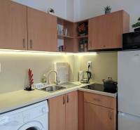 Küche im Ferienapartment mit Holzelementen, Geräten und Spüle.