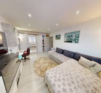 Wohnzimmer in einer 2-Zimmer-Wohnung mit Teppichen, Sofa und Boden mit Holzdekor.