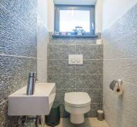 Ein Badezimmer in einem Einfamilienhaus mit Waschbecken, Toilette und gemütlichen Fliesen.