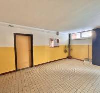 Der Flur in einem 3-Zimmer-Wohnhaus mit Fliesen, Türen und einer Pflanze in der Ecke.