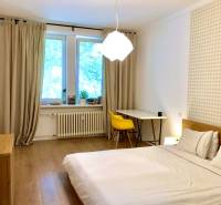 Schlafzimmer in einer 2-Zimmer-Wohnung mit Holzboden und Schreibtisch.