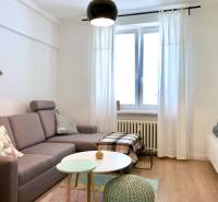 Wohnzimmer in einer 2-Zimmer-Wohnung mit grauem Sofa und Holzboden.