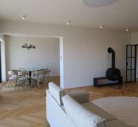 Wohnzimmer einer 4-Zimmer-Wohnung mit Kamin und Boden in Holzoptik.