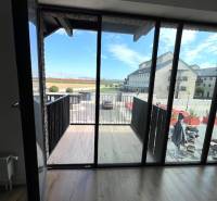 Blick aus einer 2-Zimmer-Wohnung auf den Balkon mit Holzboden.