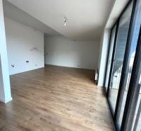 Geräumiges Wohnzimmer mit Holzboden in einer Zweizimmerwohnung mit Glastüren zum Balkon.