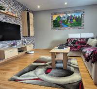 Wohnzimmer in einem Einfamilienhaus mit Holzboden, Stein an der Wand und einem bequemen Sofa.