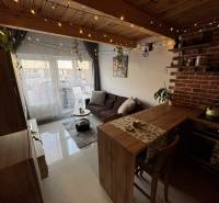 Wohnzimmer mit Küche in Lagerhäusern und Hallen mit Ziegelverkleidung, Lichtdekoration.