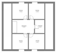 Grundriss eines Einfamilienhauses mit drei Schlafzimmern, einem Wohnzimmer und einem Badezimmer.