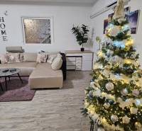 In einem Einfamilienhaus mit einem Boden in Holzoptik steht ein geschmückter Weihnachtsbaum und ein Sofa.