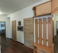 Flur in einem Einfamilienhaus mit Holzboden, Garderobenhaken und einem Bücherregal.